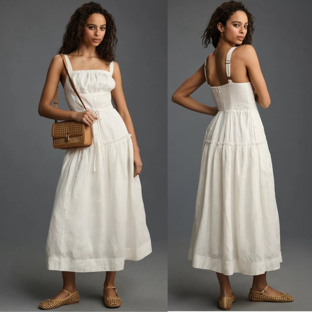 By Anthropologie Linen Square-Neck Midi Dress XSP PXS new nwt